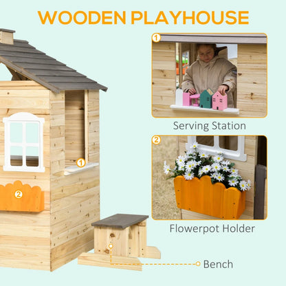 Outdoor Wooden Playhouse with Garden Pretend Play