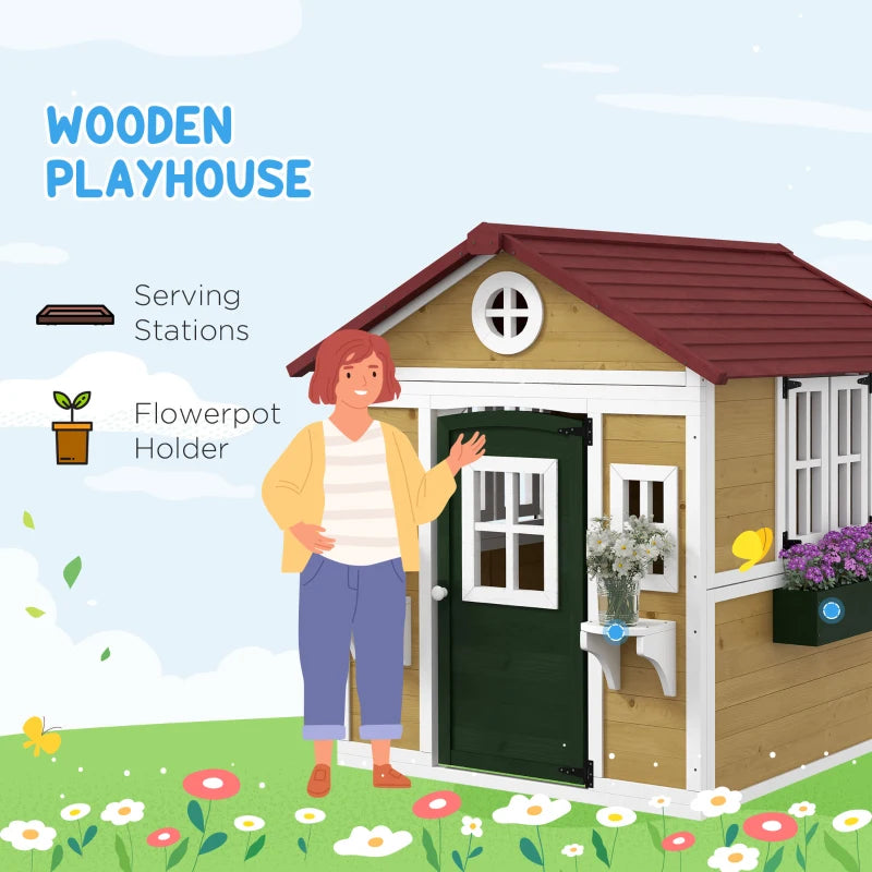 Outdoor Wooden Playhouse with Planter Boxes