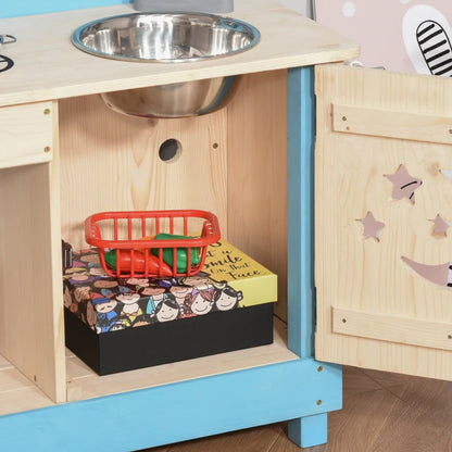 Wooden Kitchen with Storage Cabinet & Pots