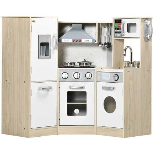 Wooden Corner Kitchen Playset with Stainless Steel Cooking Toys