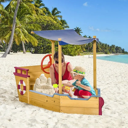 Wooden Sandbox with Canopy & Bench Seat Storage