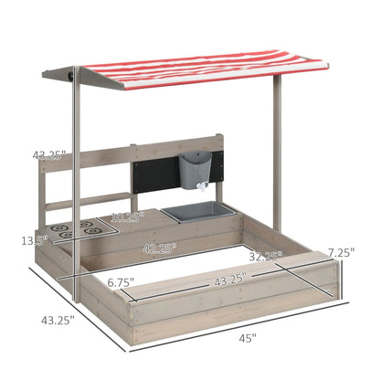 Wooden Sandbox with Kitchen Playset & Canopy