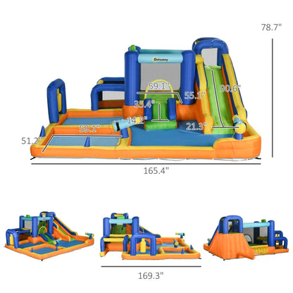 7in1 Water Slide with Pool, Basketball Hoop & Football Stand