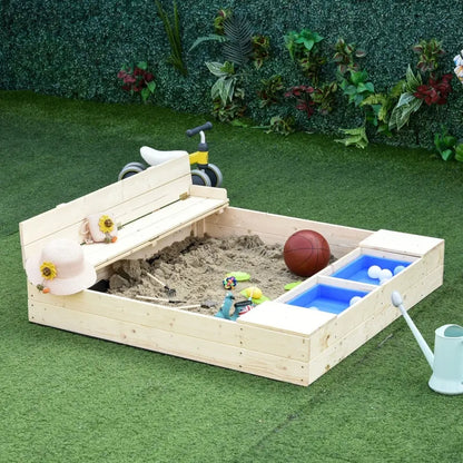 Wooden Sandbox with Bench & Storage Boxes