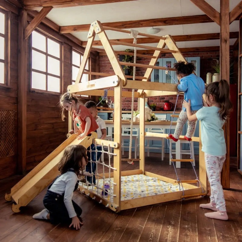 Wooden Playhouse with Swings and Slide