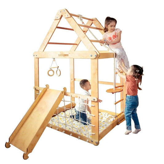 Wooden Playhouse with Swings and Slide