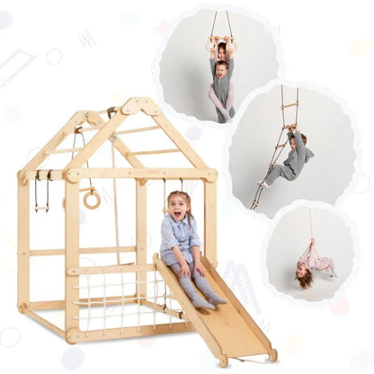 Wooden Playhouse with Swings and Slide