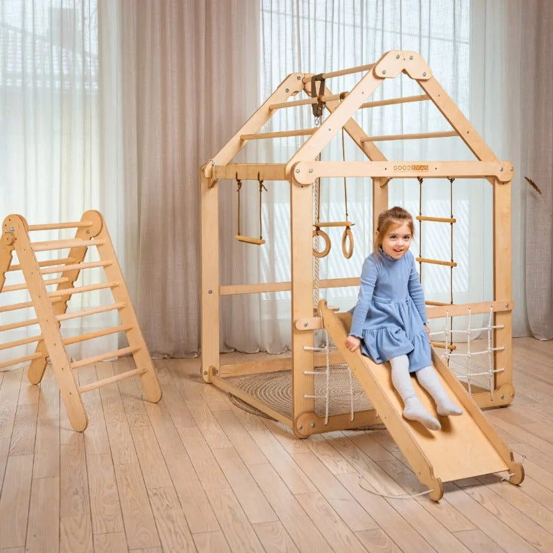 Wooden Playhouse with Triangle ladder, Slide Board and Swings