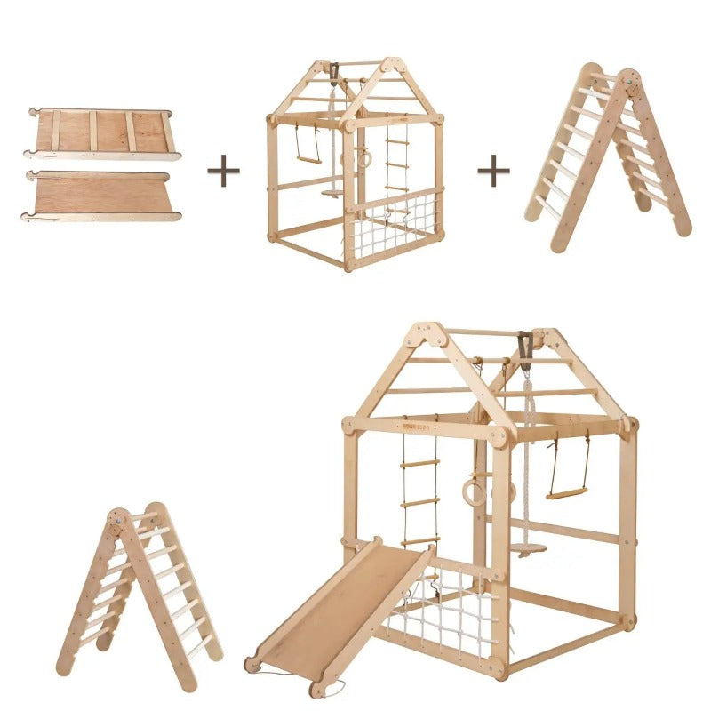 Wooden Playhouse with Triangle ladder, Slide Board and Swings