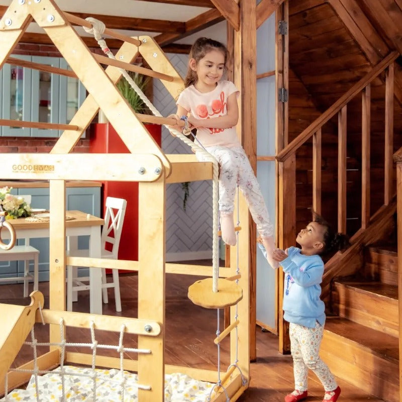 Wooden Playhouse with Triangle ladder, Slide Board and Swings