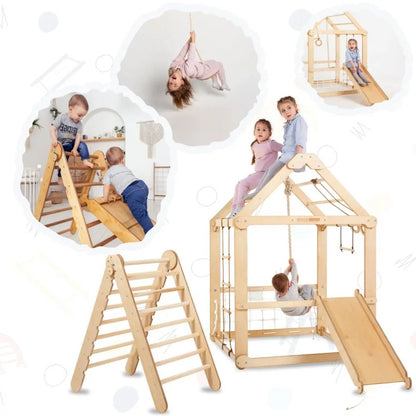 Wooden Playhouse with Triangle ladder, Slide Board and Swings