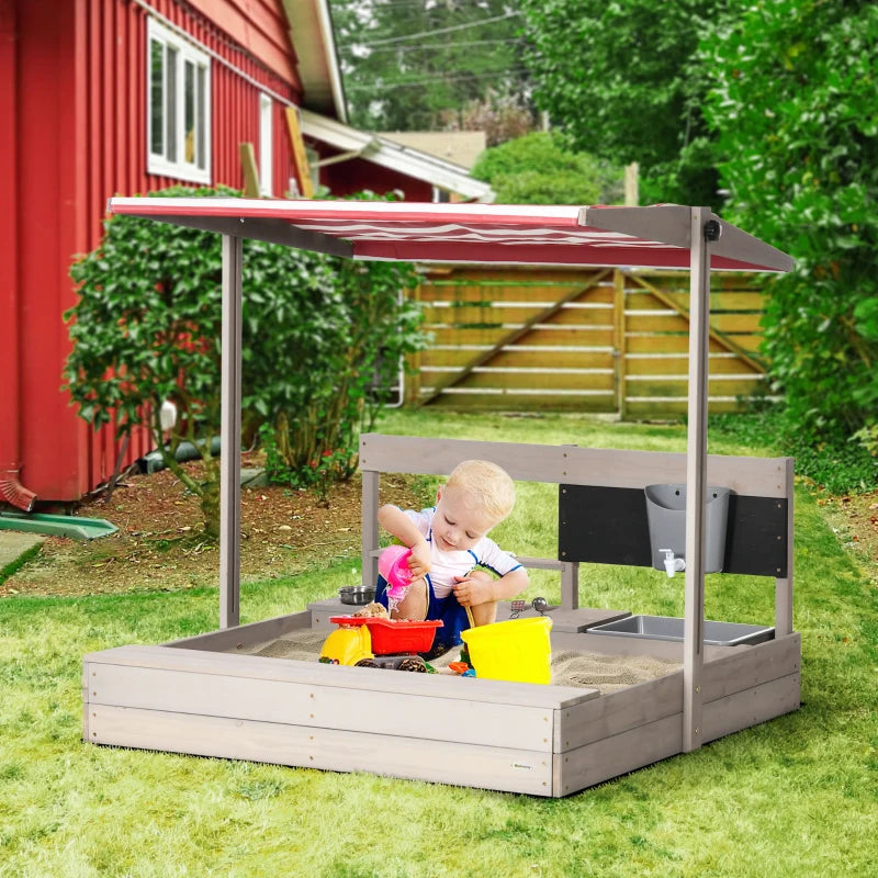 Wooden Sandbox with Kitchen Playset & Canopy