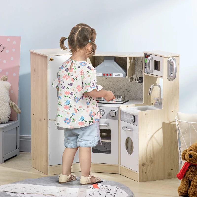 Wooden Corner Kitchen Playset with Stainless Steel Cooking Toys